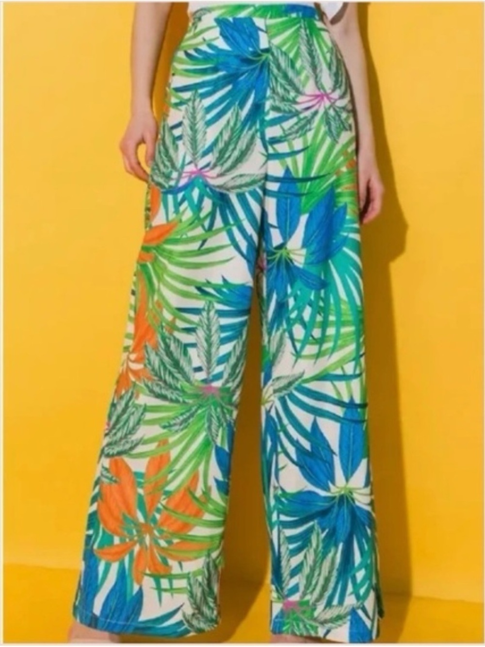 Flying Tomato Palm-Print Wide Leg Pants in Green Blue Orange